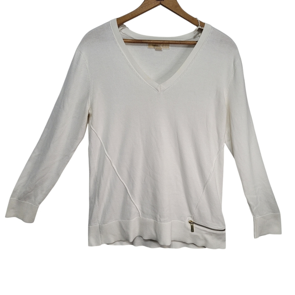 Michael Michael Kors White V-neck Cotton Blend Sweater Size Medium Flawed